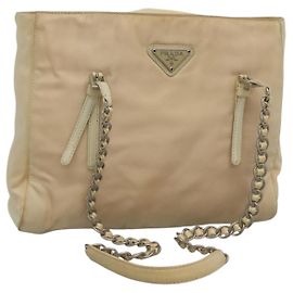 PRADA Bolsa de Ombro com Corrente Nylon Marfim Prata Auth 137031 Prata Cru