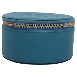 Chanel-CHANEL Jewelry Case Caviar Skin Blue Gold CC Auth 136451-Blue,Golden