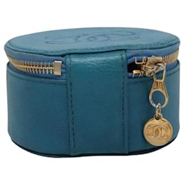 Chanel-CHANEL Jewelry Case Caviar Skin Blue Gold CC Auth 136451-Blue,Golden