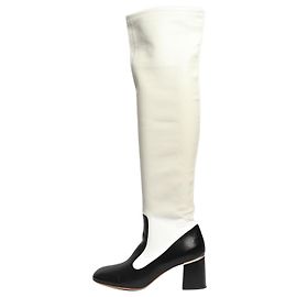 Céline Bota de couro bicolor branca e preta até o joelho - tamanho EU 39 Branco
