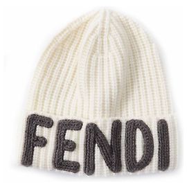 Fendi FXQ900 Wool Knit Cap Brown White Cream