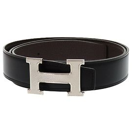 Cinto de couro Constance reversível H Guilloché da Hermès Preto