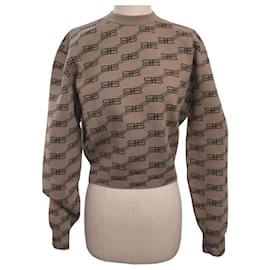 Balenciaga-NEW BALENCIAGA PULLOVER 704553 ROUND NECK ALLOVER LOGO BB MONOGRAM M 38 SWEATER-Beige
