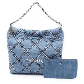 Bolsa tote de denim e couro Chanel 22 Azul Azul marinho