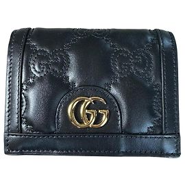 Gucci Matelasse Womens Card Case Wallet GG Black Gold Small Black