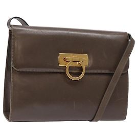 Bolsa de Ombro Gancini de Couro Marrom Prata Auth 135987 da Salvatore Ferragamo Marrom Prata