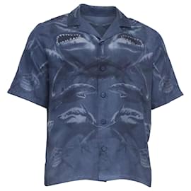 Burberry-Burberry Shark Print Short-Sleeve Shirt In Blue Silk-Blue,Light blue