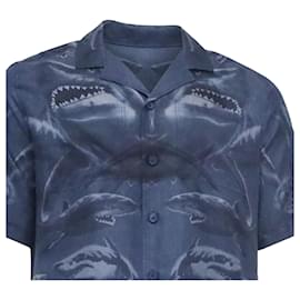 Burberry-Burberry Shark Print Short-Sleeve Shirt In Blue Silk-Blue,Light blue