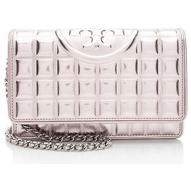 Tory Burch Metallic Square Quilted Leather Fleming Soft Wallet on Chain Pink
