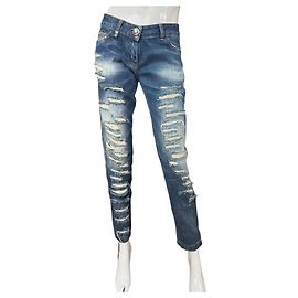 Vaqueros Philipp Plein Milkshake boyfriend rasgados azules algodón Azul