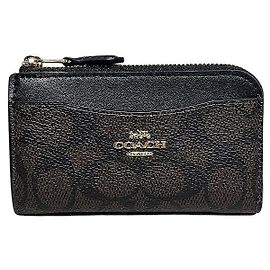 Coach Signature Canvas Leather Card Coin Case Brown Black