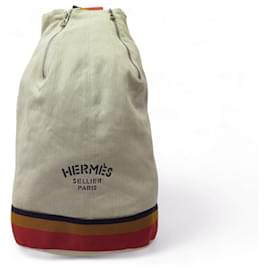 Hermès-NEW HERMES CHEVRON CANVAS BACKPACK CAVALIER SHOULDER BAG 48H BUCKET BAG-Cream