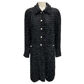 Abrigo de tweed de longitud media con botones de perla negro / blanco Edward Achour Negro
