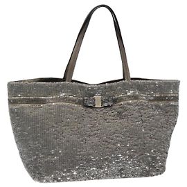 Salvatore Ferragamo Sequin Vala Tote Bag Nylon Silver Auth 138278 Silvery