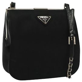 Sac à épaule PRADA en nylon et cuir noir argent authentique 137290 Noir Argenté