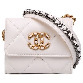 Porta-cartões Chanel 19 em couro de cordeiro acolchoado branco com corrente Branco Cru