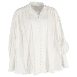 Zimmermann Lace-Trimmed Long Sleeve Blouse in White Cotton  White Cream