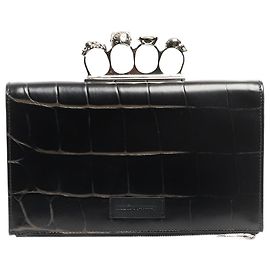 Alexander Mcqueen Clutch de couro preto com estampado de crocodilo Preto