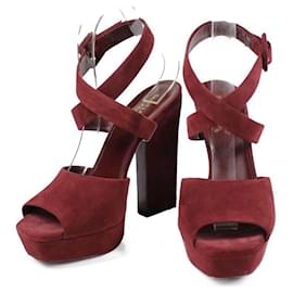 Saint Laurent-Saint Laurent burgundy suede platform sandals with wide high heel-Dark red