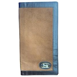 Céline-Vintage Céline long wallet in leather and suede-Brown,Dark brown