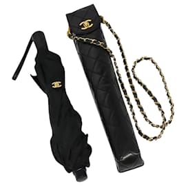 Chanel-CHANEL Folding Umbrella & Umbrella case Matelasse Nylon Black CC Auth bs28411-Black,Golden