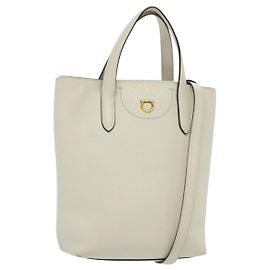 Bolsa de mão em couro Gancini Salvatore Ferragamo 2 em 1 Branco Ouro Auth 134826 Branco Dourado