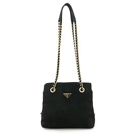 Prada Triangle Chain Tote Shoulder Bag Black