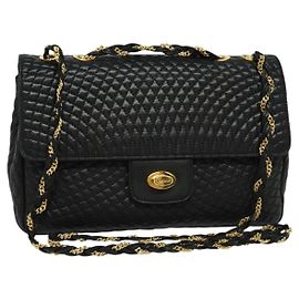 BALLY Chain Shoulder Bag Leather Black Gold Auth 138837 Black Golden