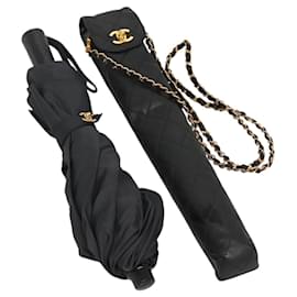 Chanel-CHANEL Folding Umbrella & Umbrella Case Umbrella Nylon Black CC Auth 134253-Black,Golden