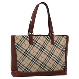 BURBERRY Nova Check Blue Label Tote Bag Canvas Beige Gold Auth 139454 Beige Golden