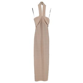 Vestido Maxi com Decote Halter Cruzado Herve Leger em Rayon Bege Bege