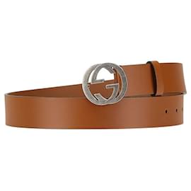 Gucci-Gucci Interlocking G Leather Metal Belt-Brown