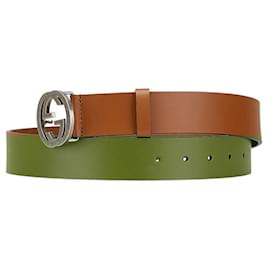 Gucci-Gucci Interlocking G Leather Metal Belt-Brown
