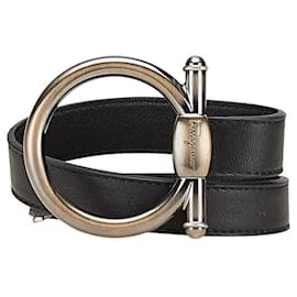 Salvatore Ferragamo-Salvatore Ferragamo Gancini Leather Metal Belt-Black