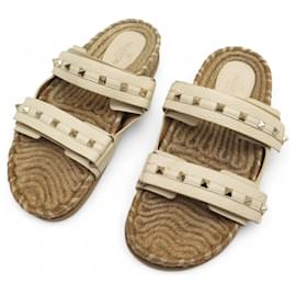 Balenciaga-VALENTINO OFF-WHITE ROCKSTUD SANDALS 41 IT 42 FR CORD & LEATHER-Beige