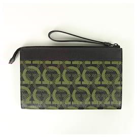 Salvatore Ferragamo-Salvatore Ferragamo Men's Black and Red Two-Tone Gancini Embossed Leather Clutch Bag-Black,Red