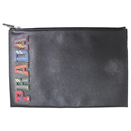 Prada Saffiano Leder Clutch Tasche Schwarz