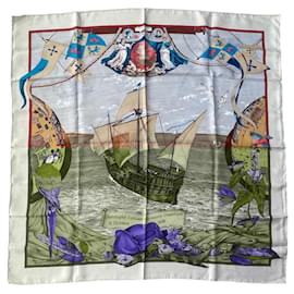 Hermès-Hermès Carré 90 in Silk – “Christopher Columbus Discovers America” (1992)-Beige
