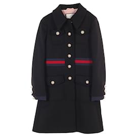 Gucci-Gucci Grosgrain Web Bow Tie Pearl Button Wool Outerwear-Black