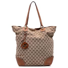 Gucci-Gucci Brown Large GG Canvas GG Charm Tote-Brown,Beige