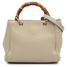 Gucci-Gucci White Mini Calfskin Bamboo Shopper Satchel-White,Cream