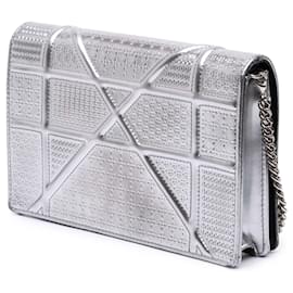 Dior-Dior Silver Metallic Patent Microcannage Diorama Wallet on Chain-Silvery