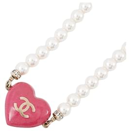 Chanel-Chanel Coco Mark Heart Motif Rhinestone Faux Pearl Necklace-Pink