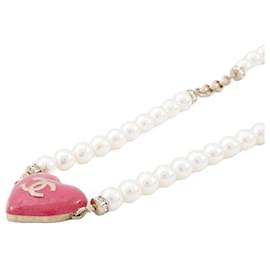 Chanel-Chanel Coco Mark Heart Motif Rhinestone Faux Pearl Necklace-Pink
