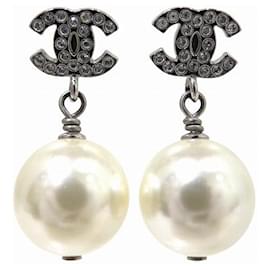 Chanel-Chanel Coco Mark Pearl Earrings-Silvery,Metallic