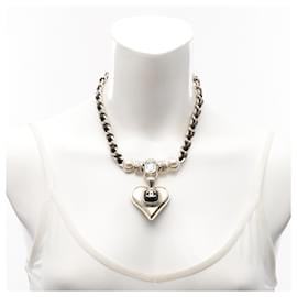 Chanel-Chanel Heart Necklace Gold Leather Faux Pearl-Golden,Metallic