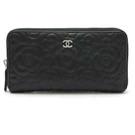 Chanel-Chanel Leather Camellia Embossed Zip Wallet Long Wallet A70620-Black