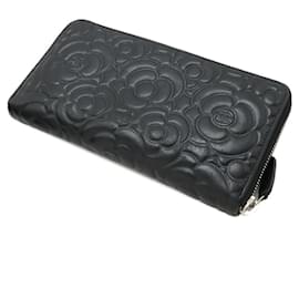 Chanel-Chanel Leather Camellia Embossed Zip Wallet Long Wallet A70620-Black