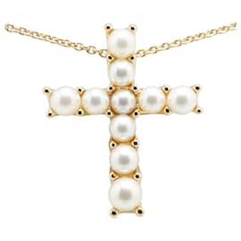 Mikimoto-Mikimoto Cross Au750 Akoya Pearl Necklace-Golden