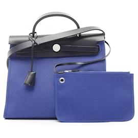Hermès-Hermes Herbag Zip PM Toile Militaire Leather Handbag-Blue,Other,Navy blue